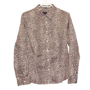 Talbots Womens 14 Leopard Print Cotton‎ Stretch Button Down Shirt Long Sleeve